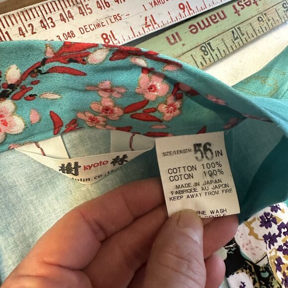 Kyoto Kimono Robe Cherry Blossom & Pagoda Print One Size Cotton Japan Teal - Picture 4 of 8